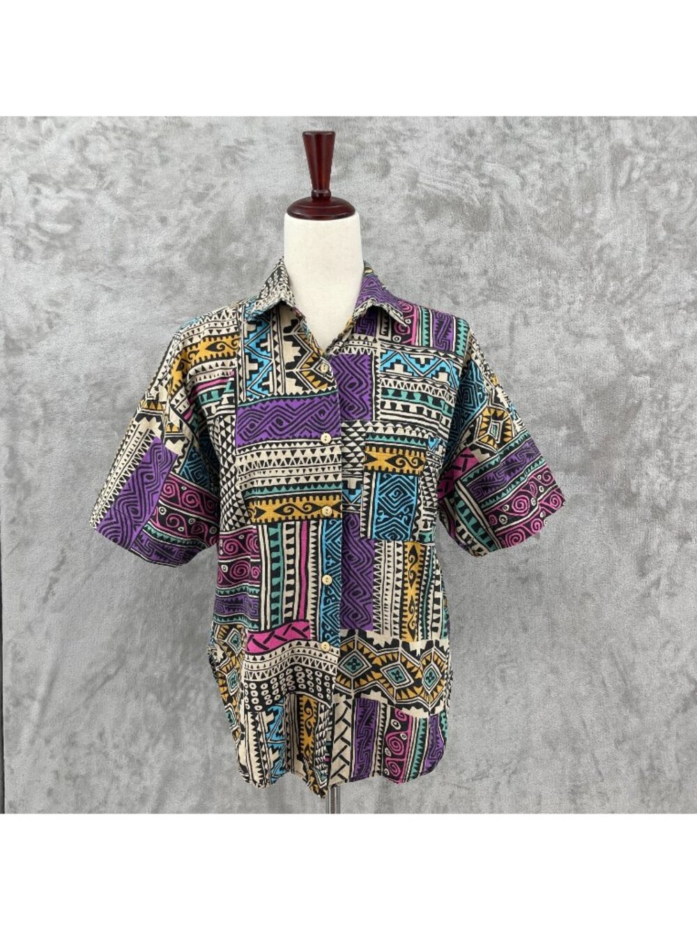 Vintage 80s Allover Print Tribal Vaporwave 100% Cotton Button Up Shirt